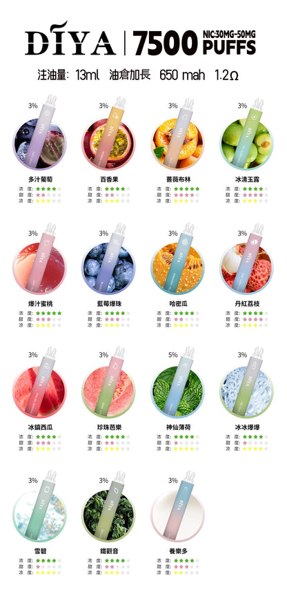 新品上市-DIYA叮啞7500口拋棄式/一次性電子煙 台灣現貨